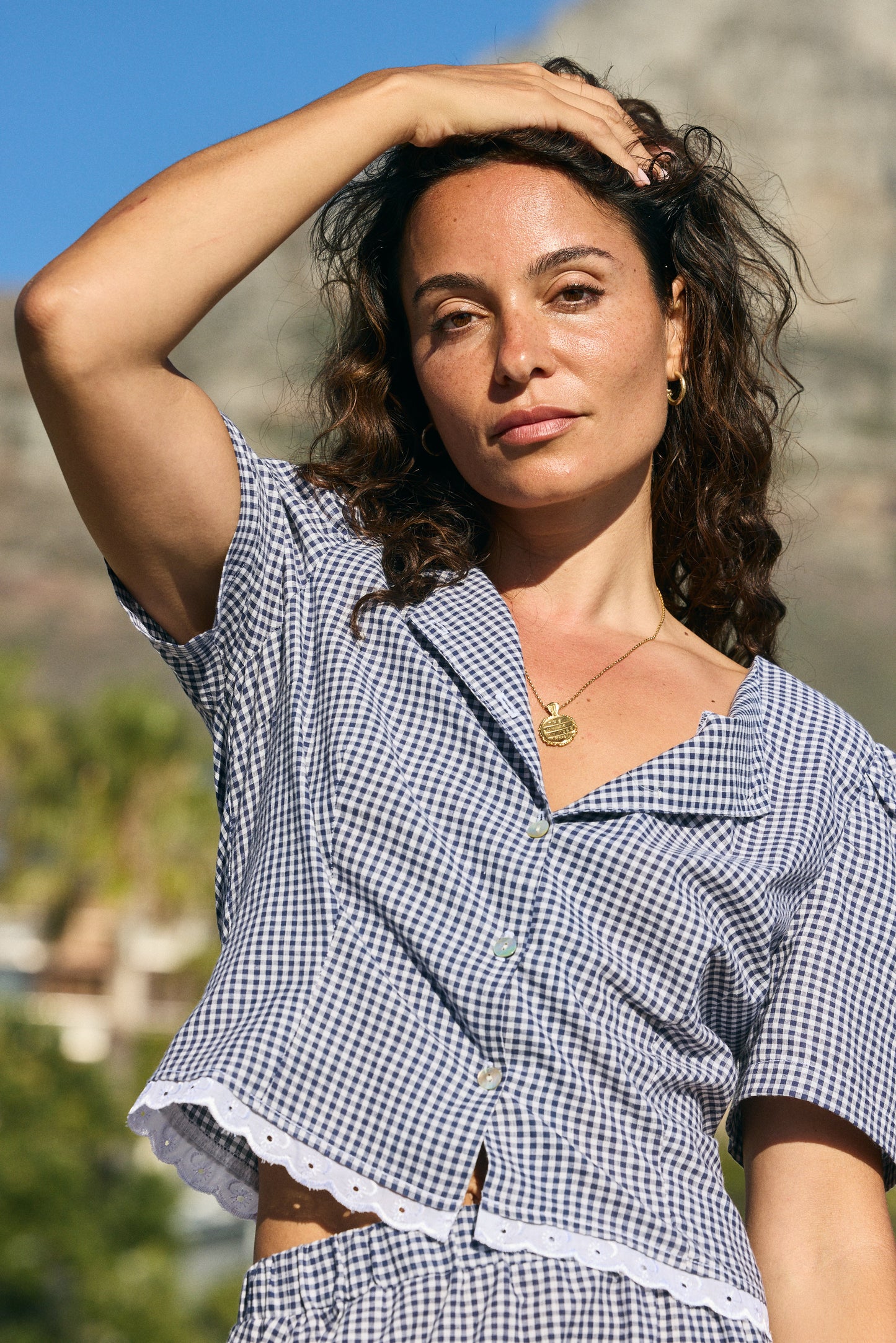 Sassy Amber Rose Blouse, Navy & White Gingham