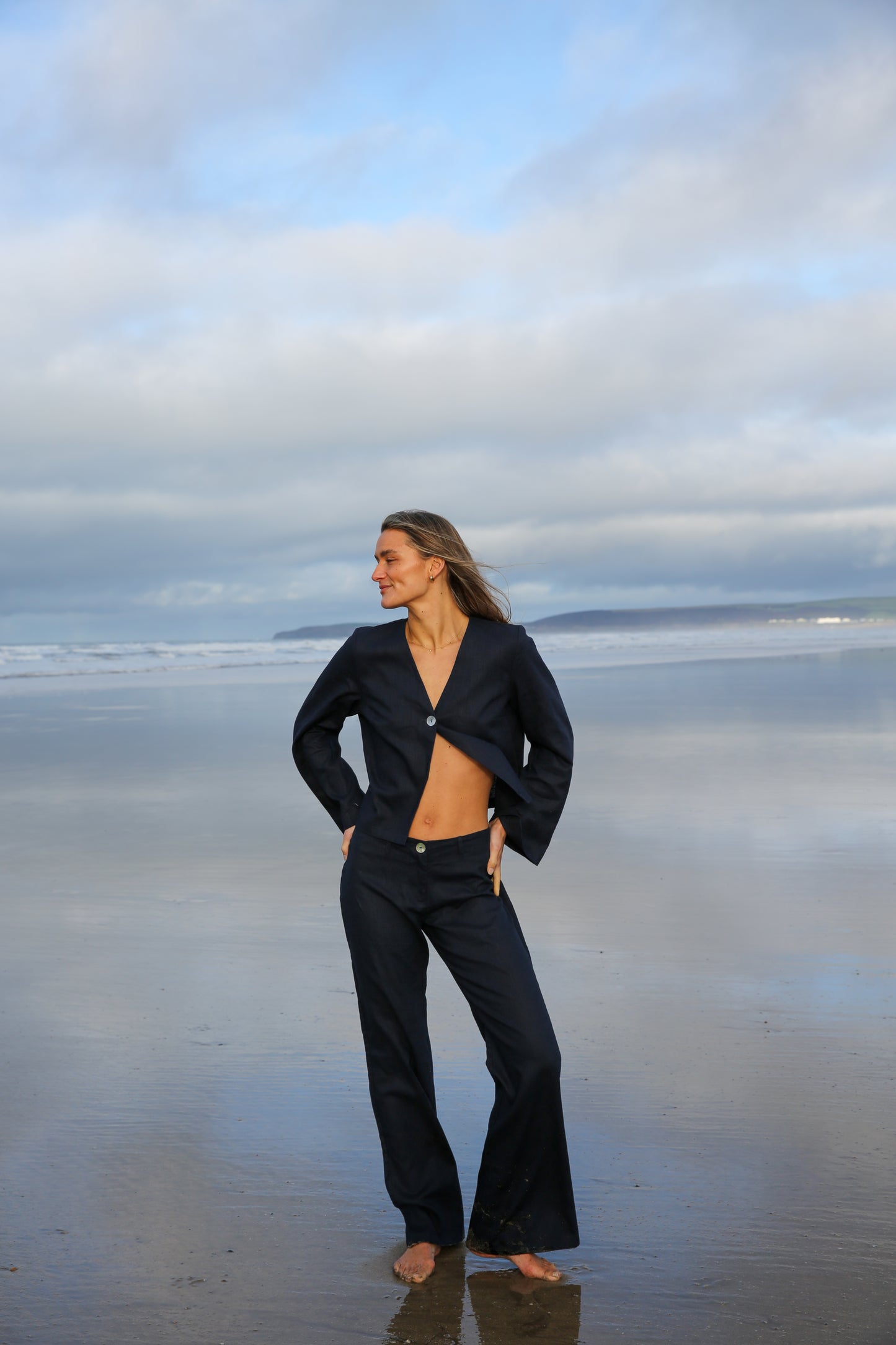 Navy Squid Long Sleeve Linen Top