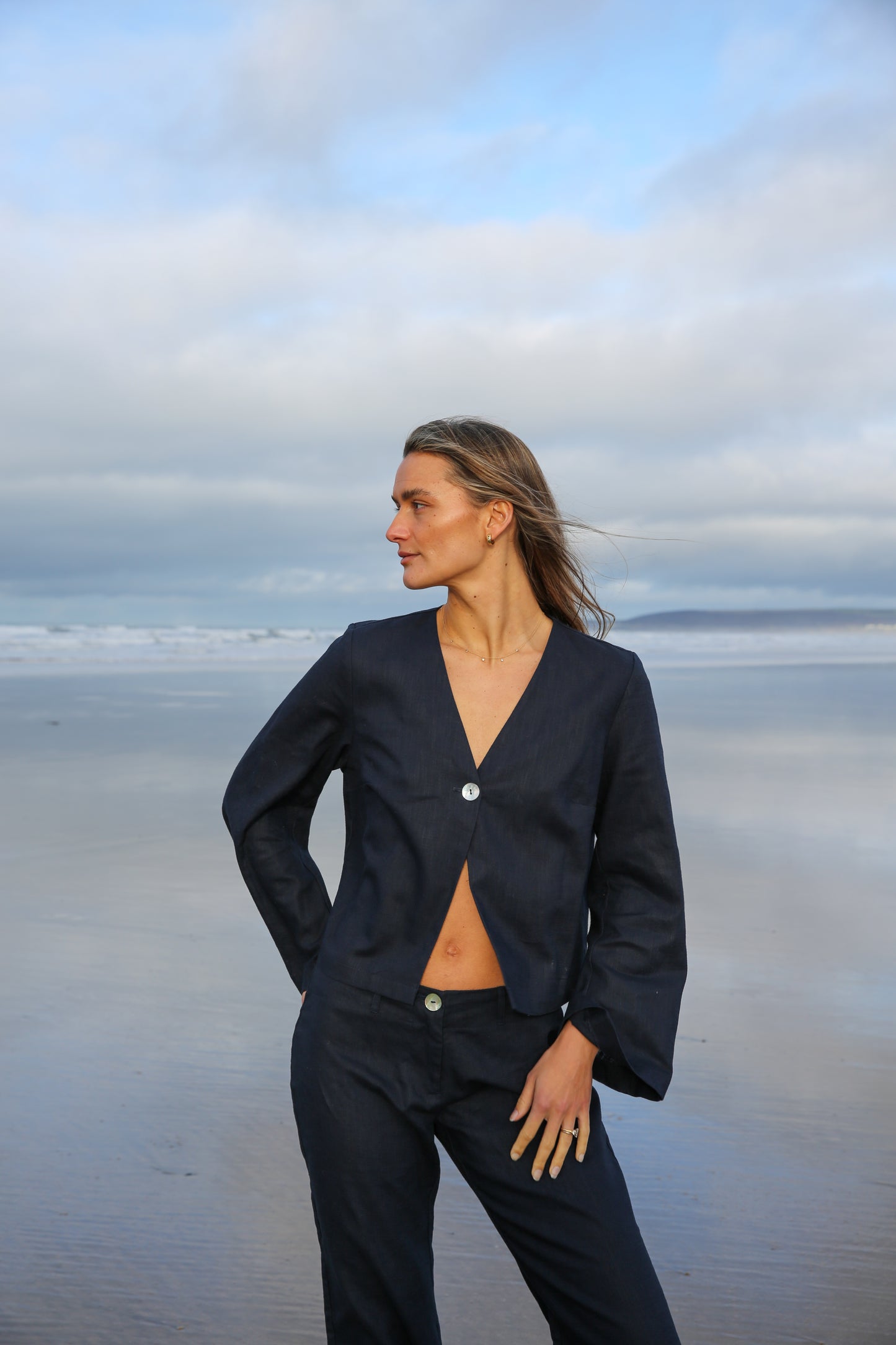 Navy Squid Long Sleeve Linen Top