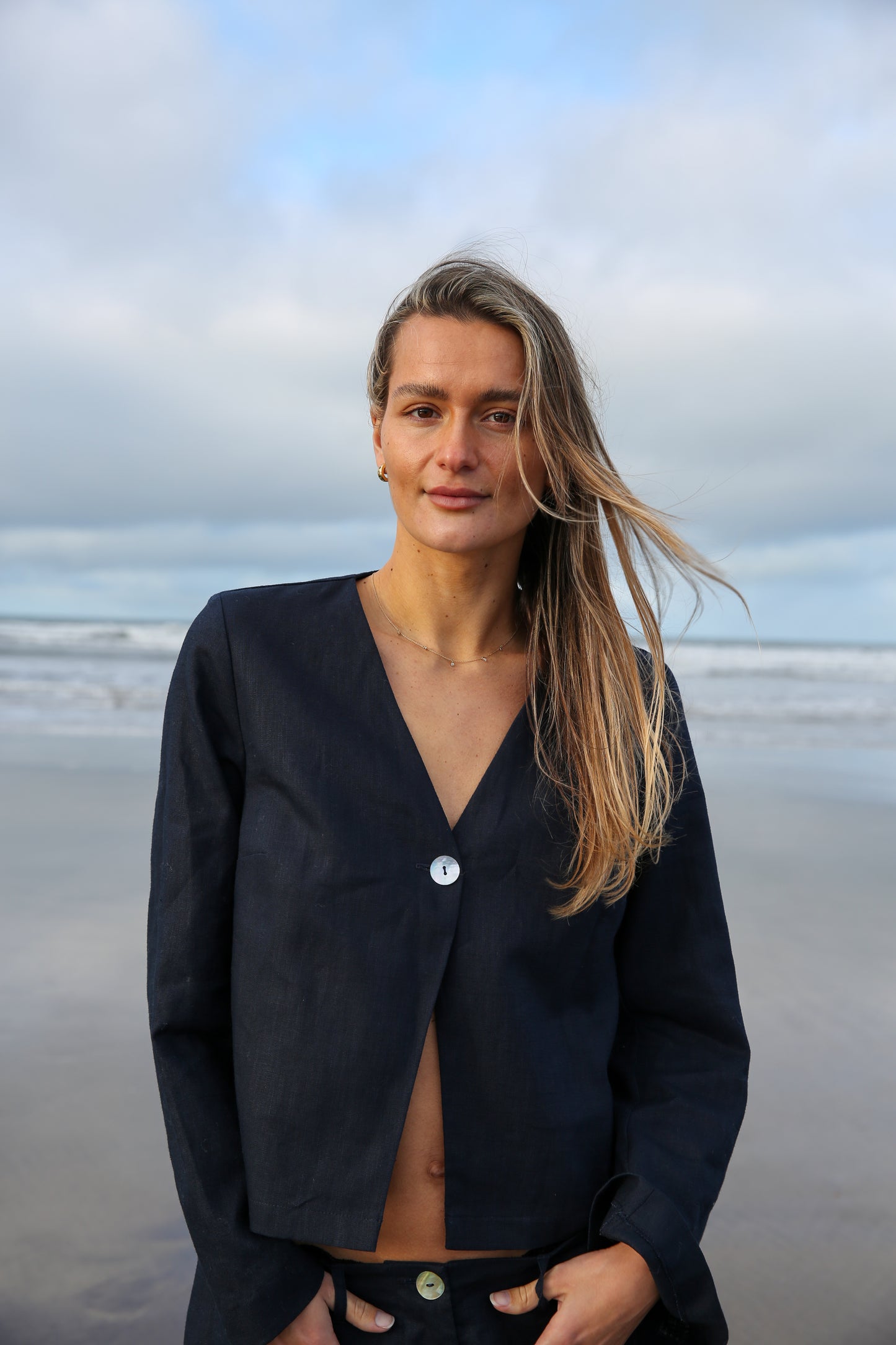 Navy Squid Long Sleeve Linen Top