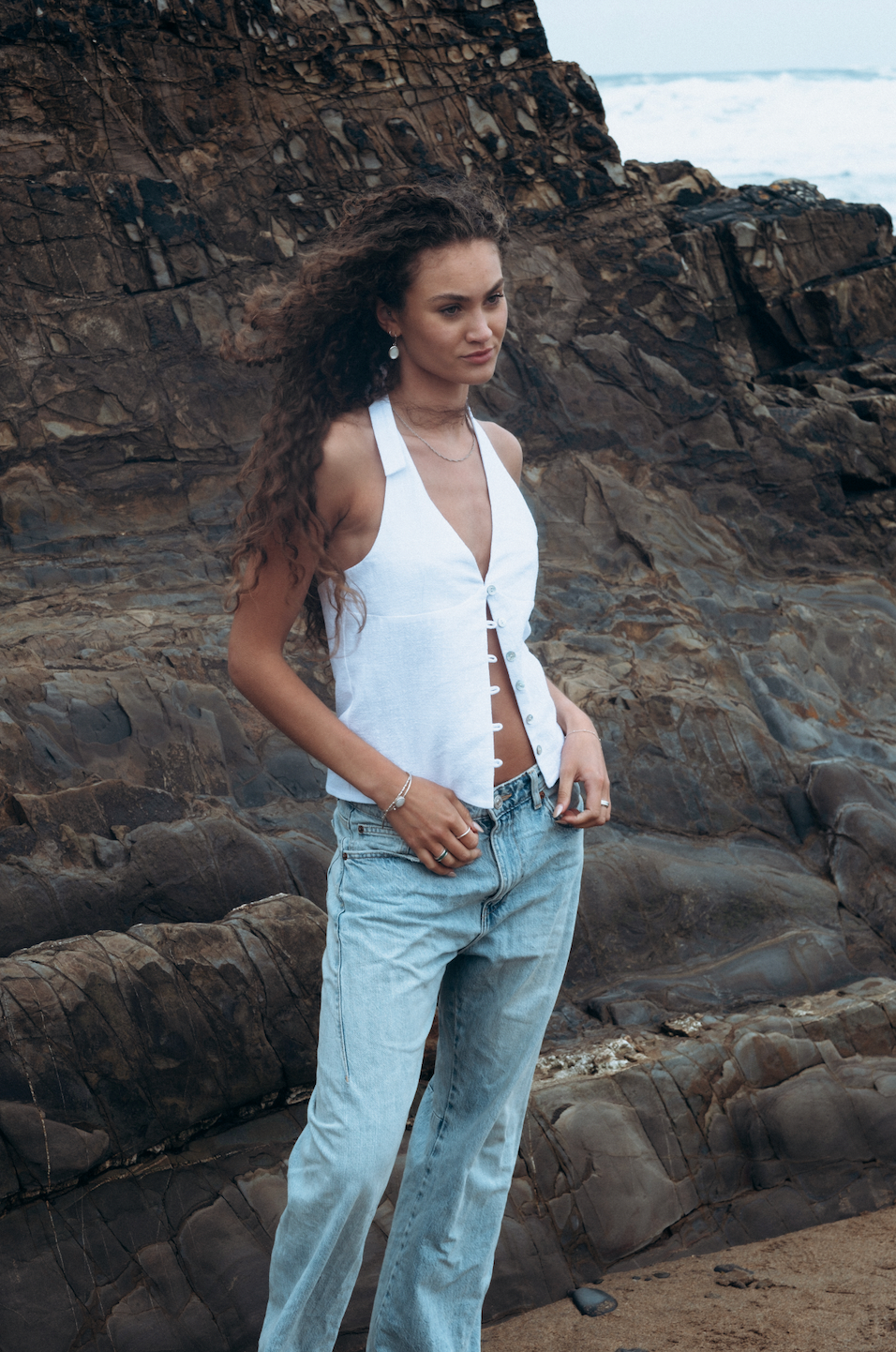 Halter Neck White Linen Squid Top