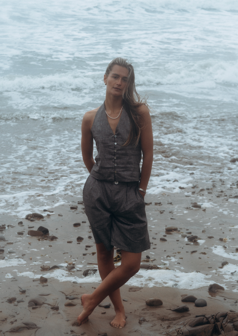 Halter Neck Gingham Linen Squid Top