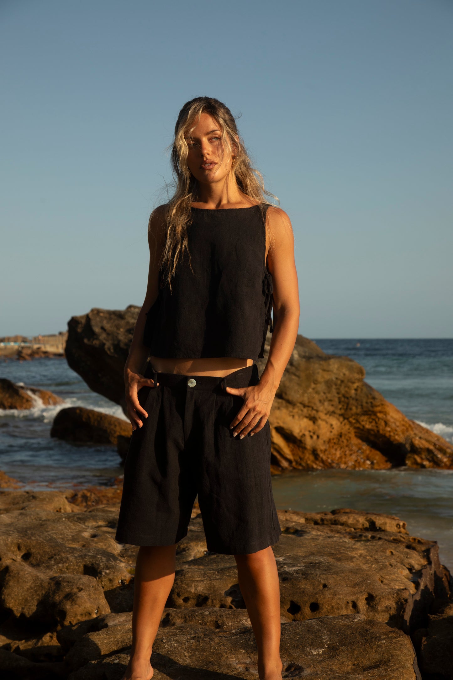 Black Squid Linen Boyfriend Shorts