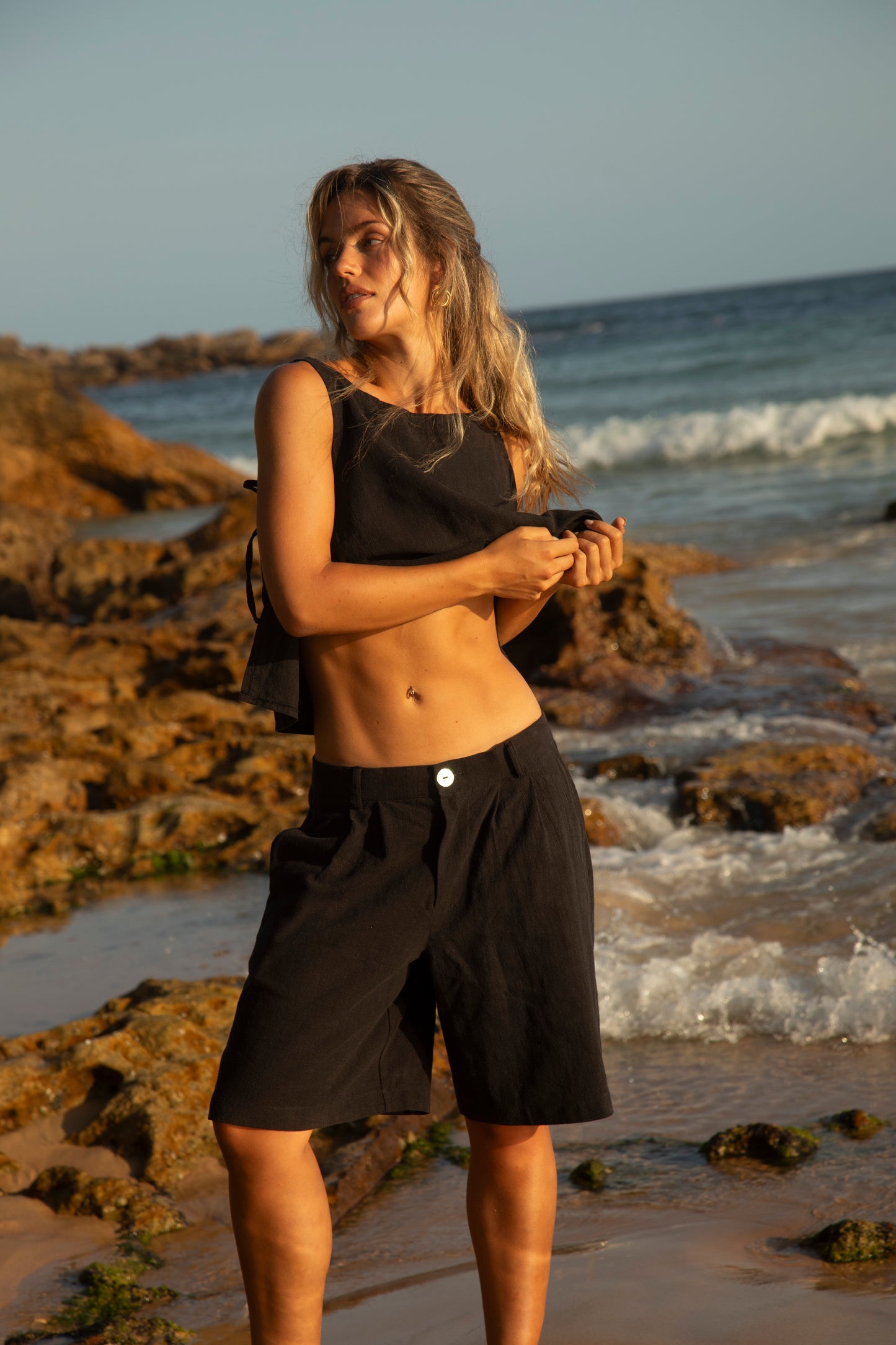 Black Squid Linen Boyfriend Shorts