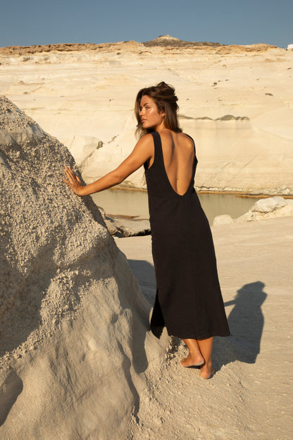 Black Washed Backless Linen Midi Sassy Dress