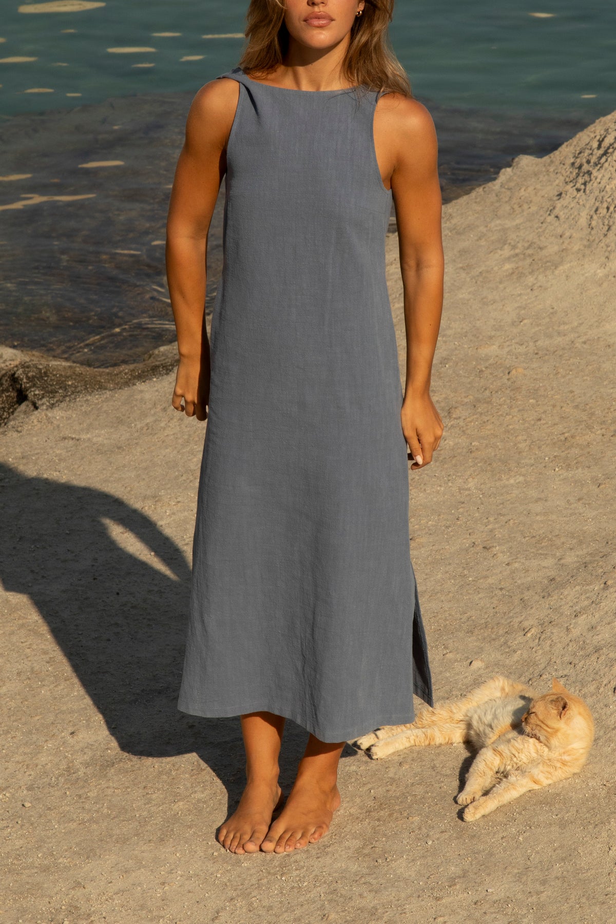 Indigo Washed Backless Linen Midi Sassy Dress