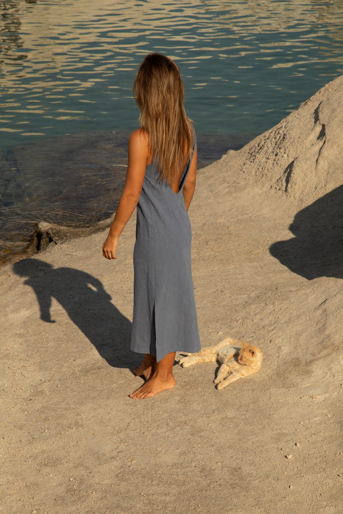 Indigo Washed Backless Linen Midi Sassy Dress