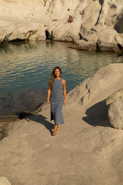 Indigo Washed Backless Linen Midi Sassy Dress