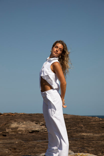 Washed White Zóni Squid Linen Trousers