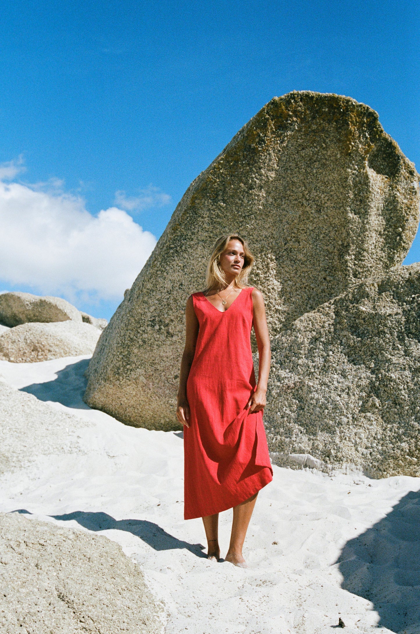 Midi Sassy V-Neck Dress, Cherry Red Washed Linen