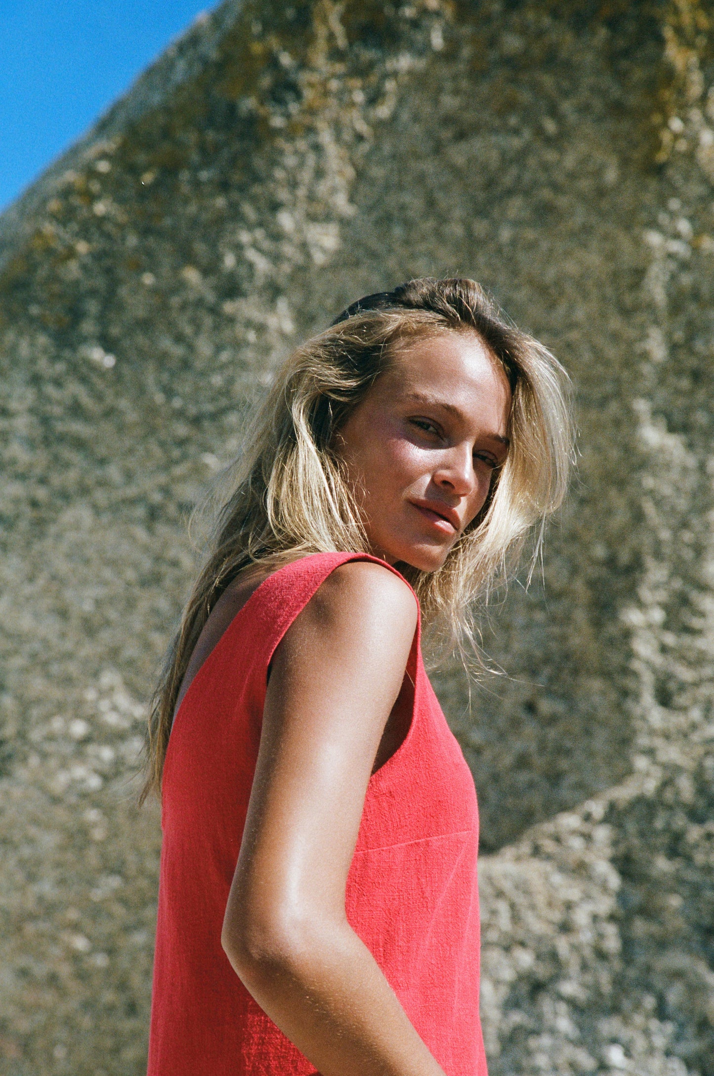 Midi Sassy V-Neck Dress, Cherry Red Washed Linen