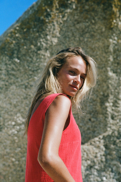 Midi Sassy V-Neck Dress, Cherry Red Washed Linen