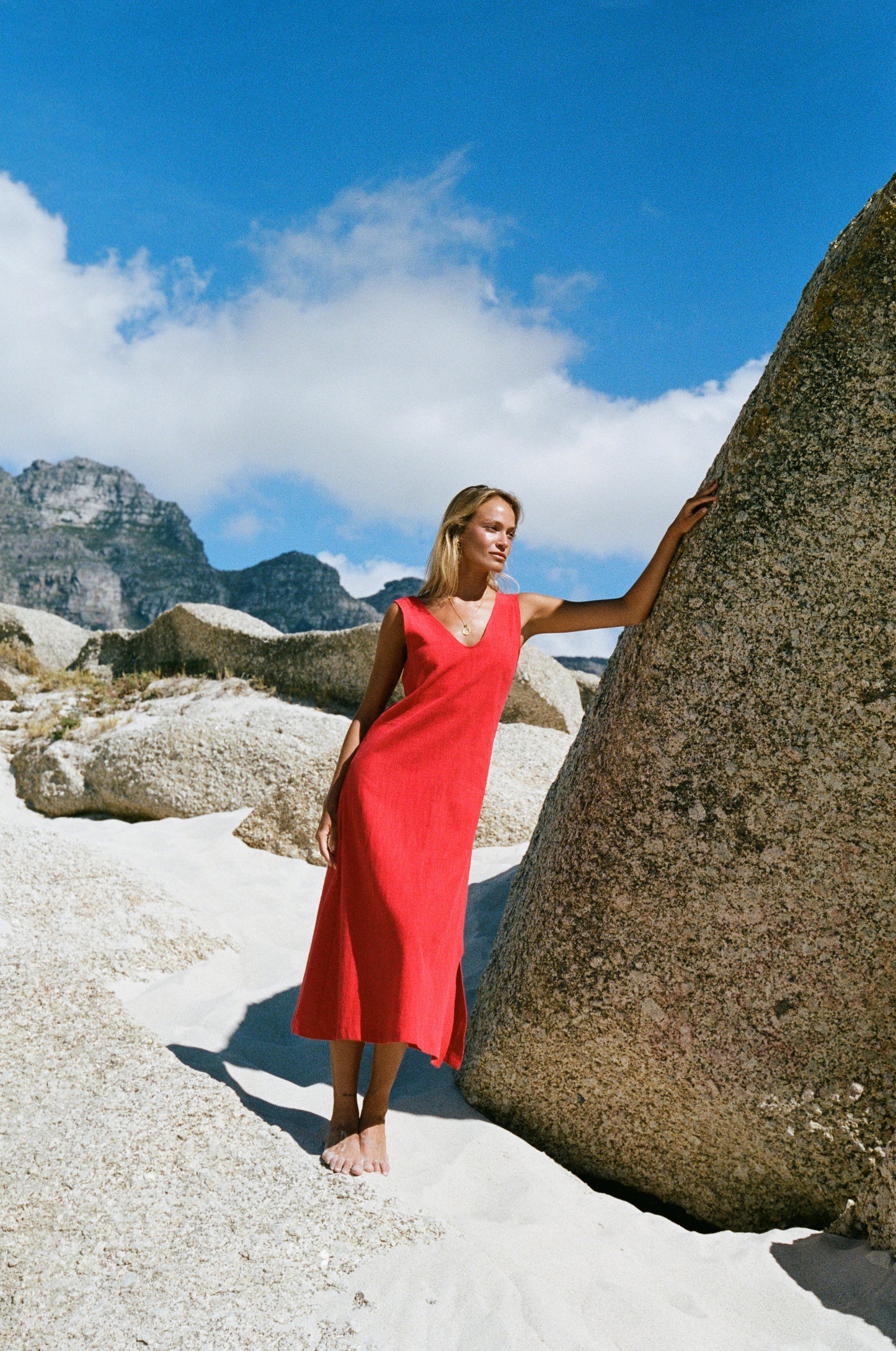 Midi Sassy V-Neck Dress, Cherry Red Washed Linen