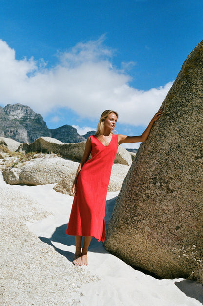 Midi Sassy V-Neck Dress, Cherry Red Washed Linen