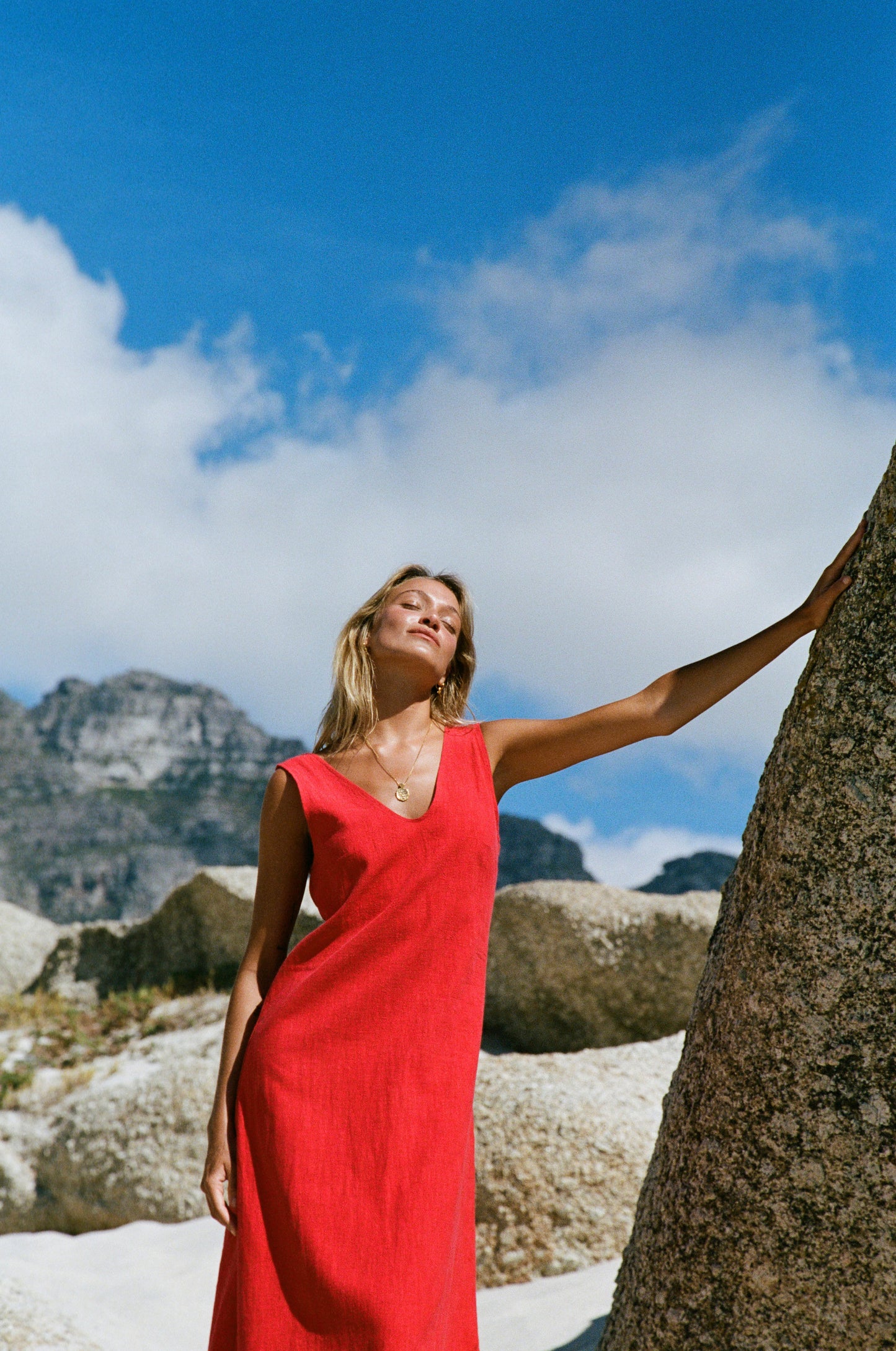 Midi Sassy V-Neck Dress, Cherry Red Washed Linen