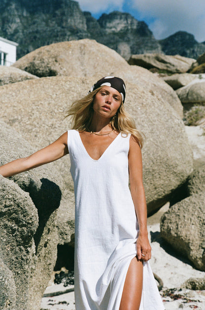 Midi Sassy V-Neck Dress, White Washed Linen