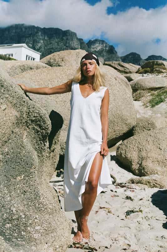 Midi Sassy V-Neck Dress, White Washed Linen