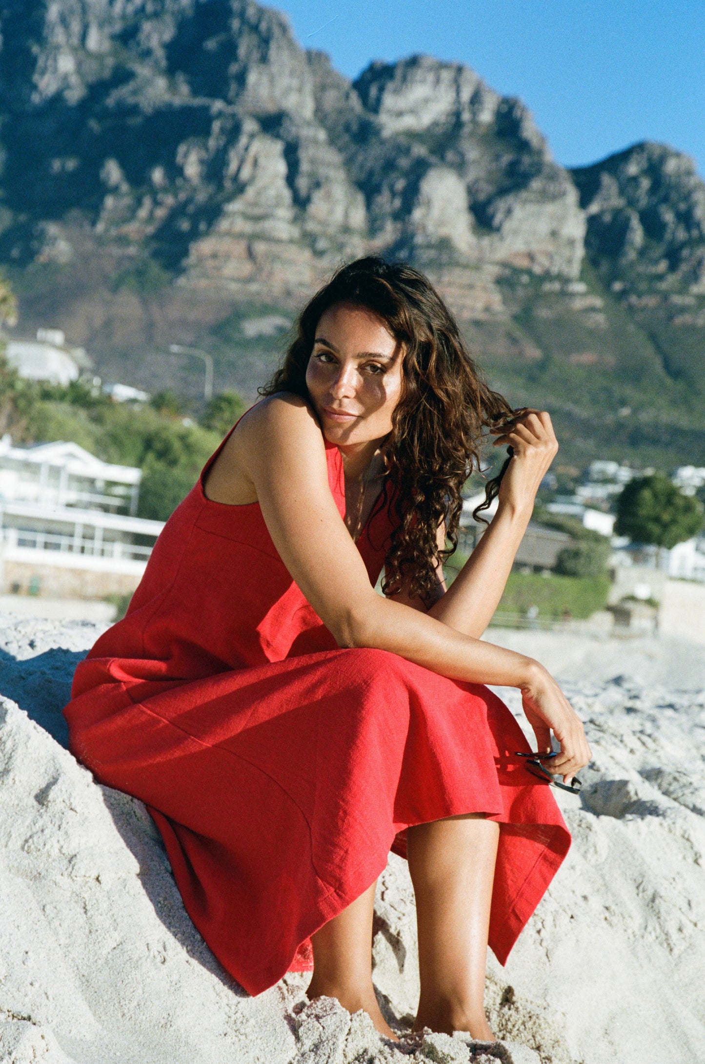 Midi Sassy V-Neck Dress, Cherry Red Washed Linen