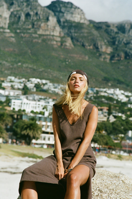 Midi Sassy V-Neck Dress, Chocolate Brown Washed Linen