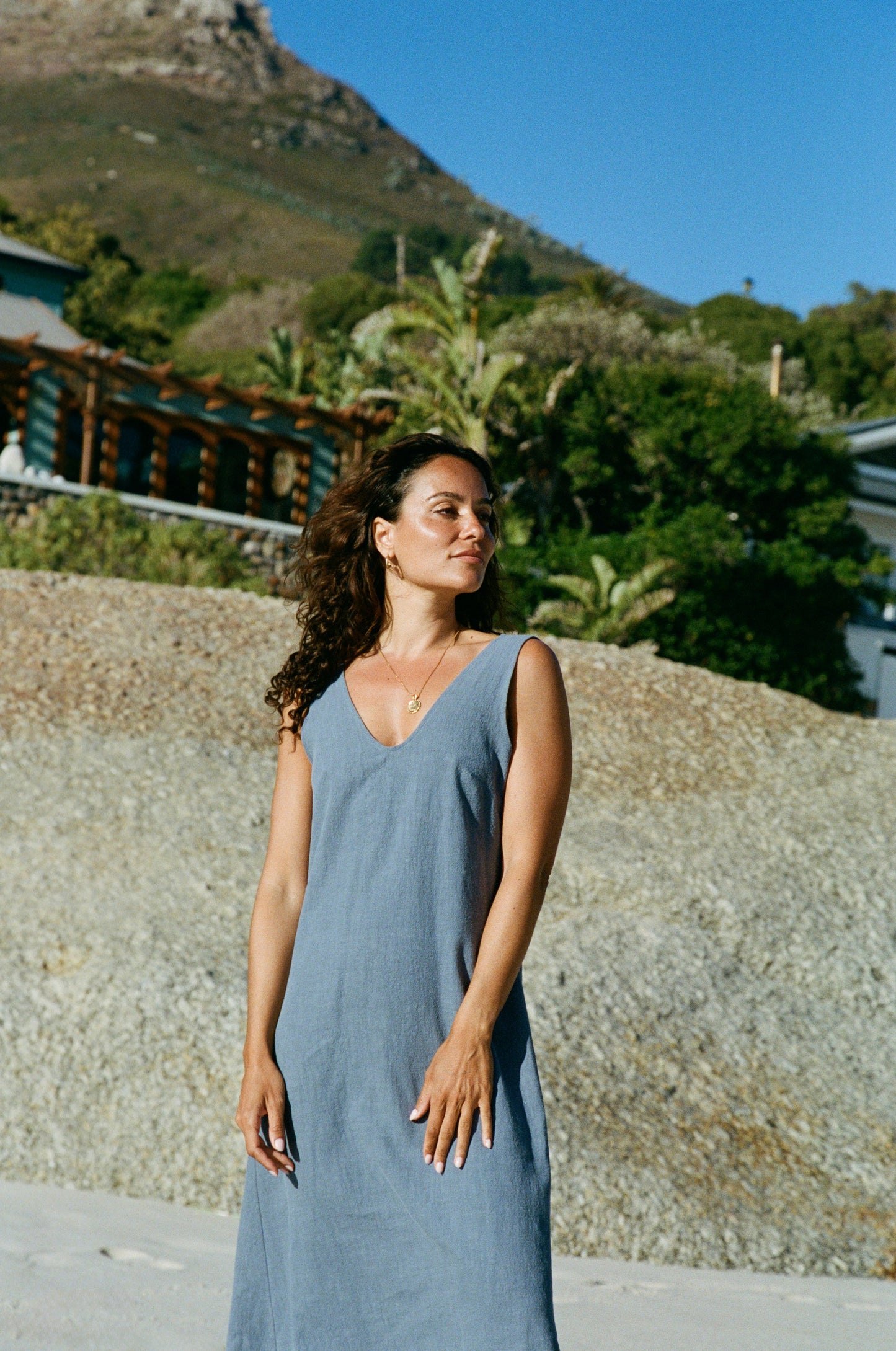 Midi Sassy V-Neck Dress, Indigo Blue Washed Linen