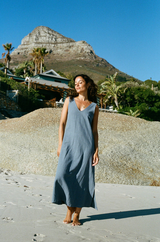 Midi Sassy V-Neck Dress, Indigo Blue Washed Linen