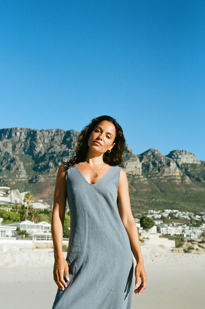 Midi Sassy V-Neck Dress, Indigo Blue Washed Linen