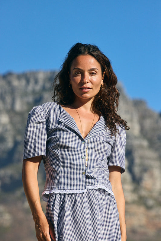 Sassy Amber Rose Blouse, Navy & White Gingham