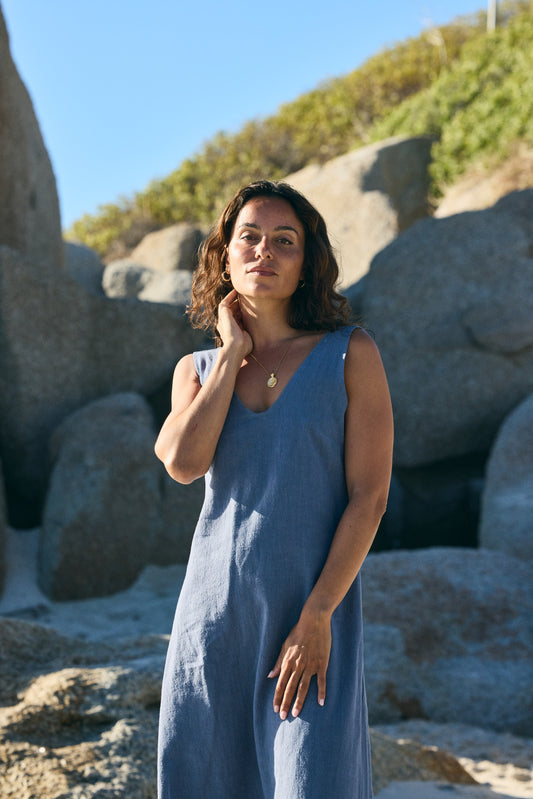 Midi Sassy V-Neck Dress, Indigo Blue Washed Linen