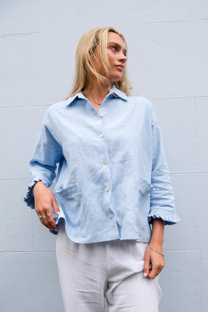 Baby Blue Washed Linen Frilly Squid Shirt