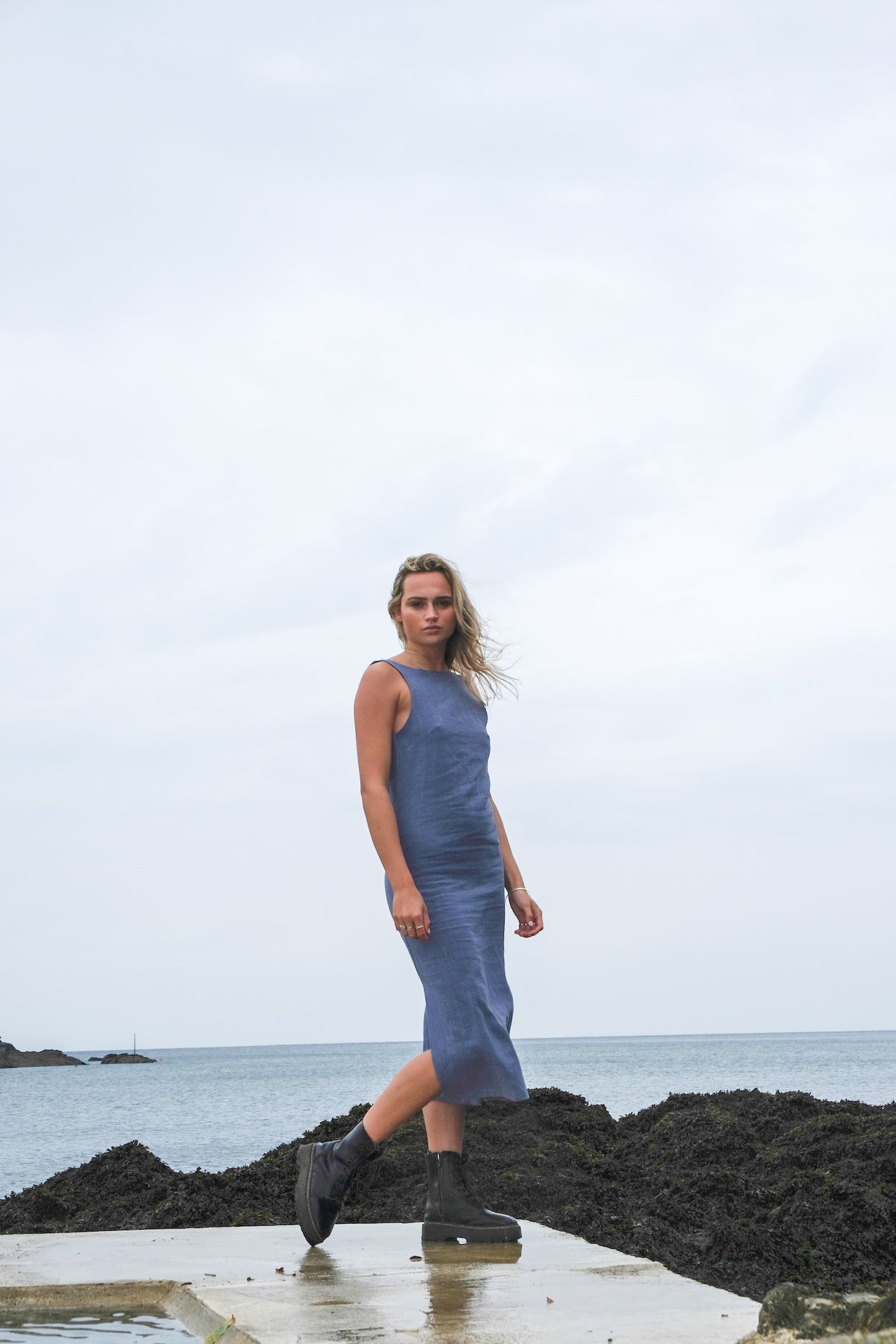 Indigo Washed Linen Midi Sassy Dress