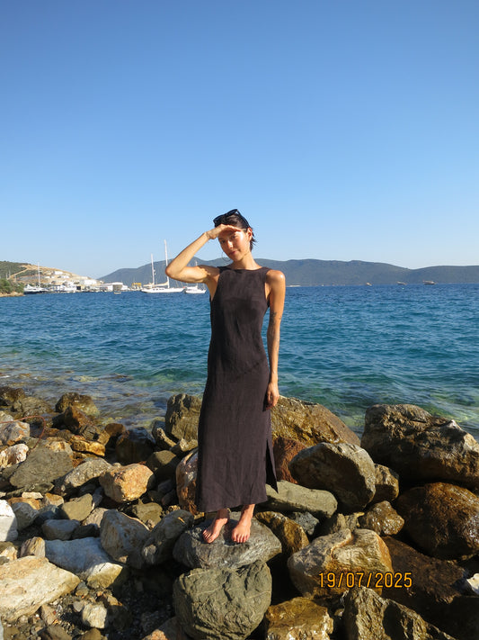 Black Washed Linen Midi Sassy Dress