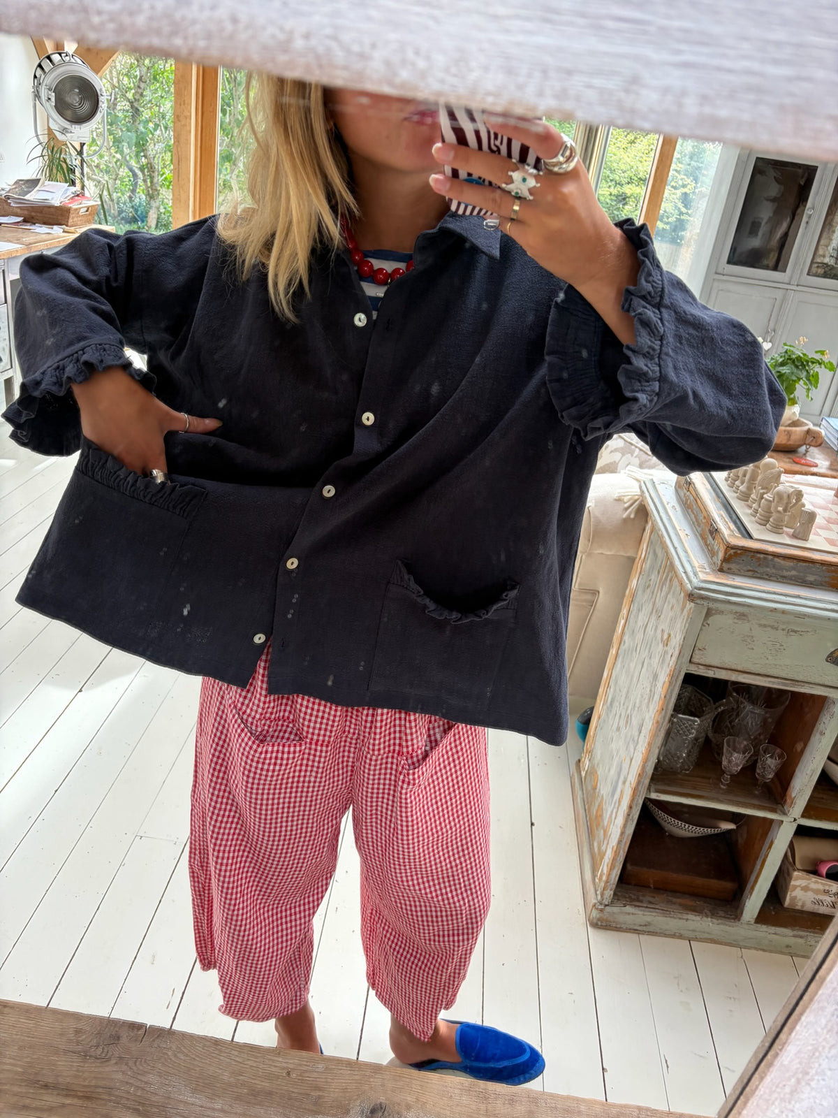 Navy Grey Washed Linen Frilly Squid Shirt