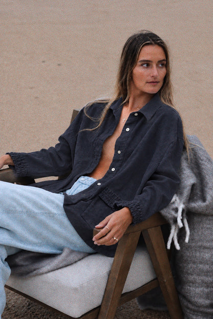 Navy Grey Washed Linen Frilly Squid Shirt