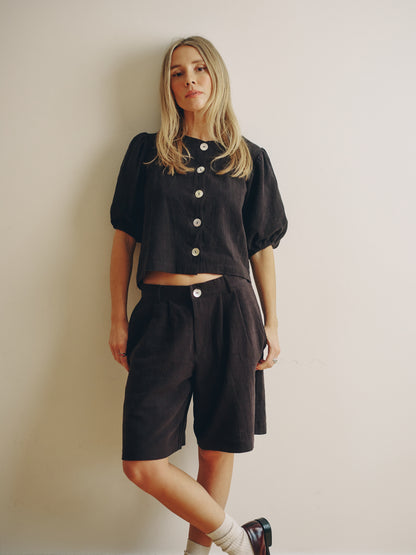 Puffy Squid Black Linen Blouse