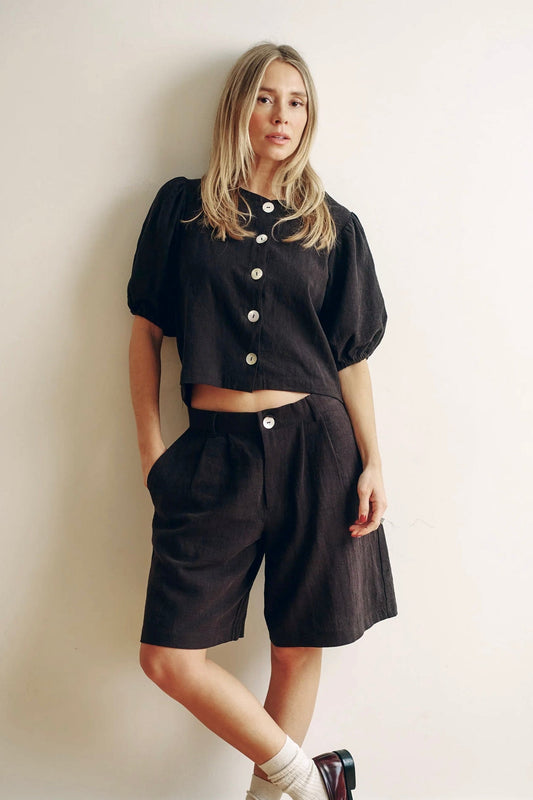 Puffy Squid Black Linen Blouse