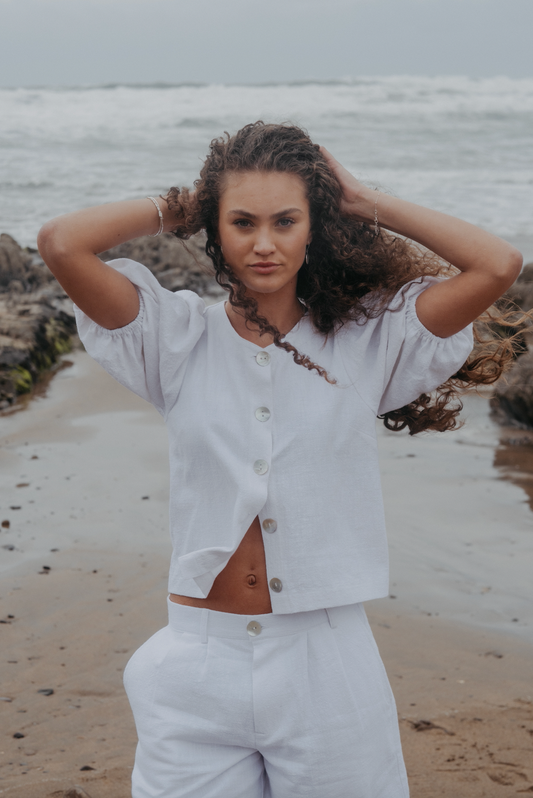 Puffy Squid White Linen Blouse