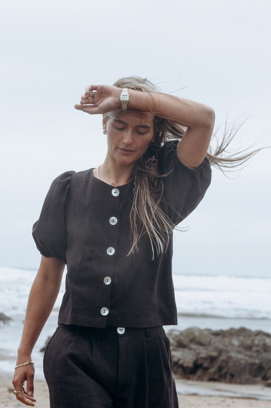 Puffy Squid Black Linen Blouse