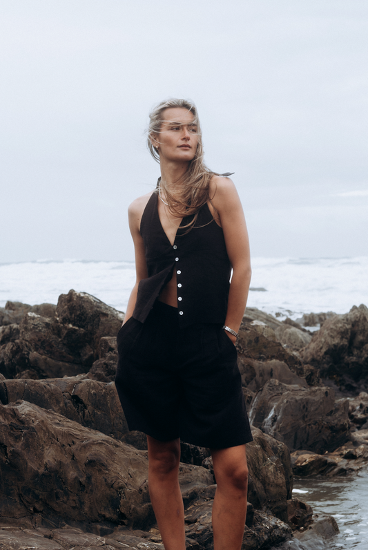 Black Squid Linen Boyfriend Shorts