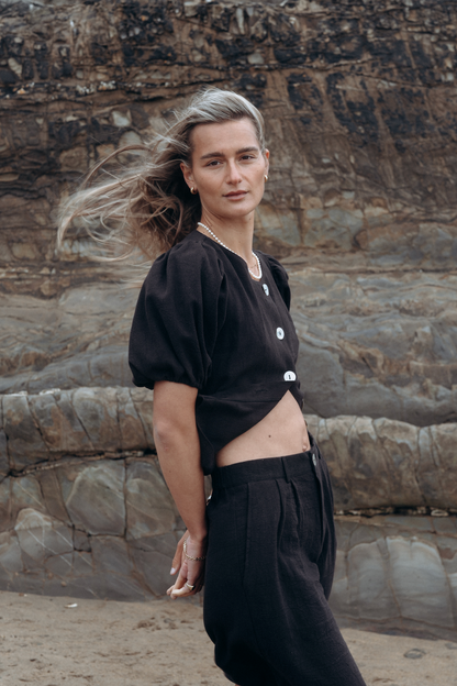 Black Squid Linen Boyfriend Shorts