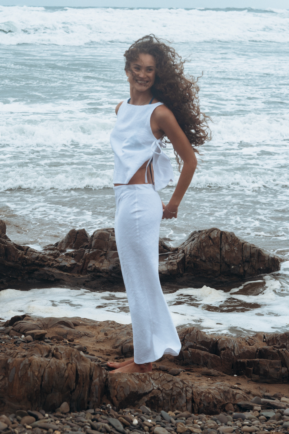 Tie-Side Squid White Linen Top