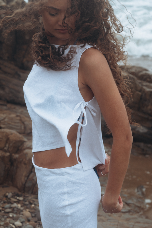 Tie-Side Squid White Linen Top