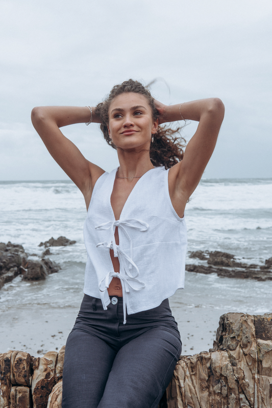 Tie-front White Linen Squid Top