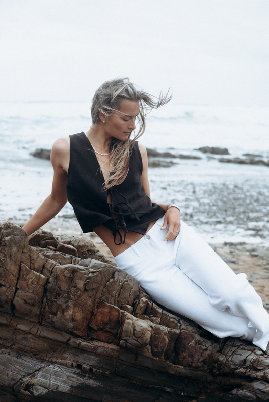 Tie-front Black Linen Squid Top