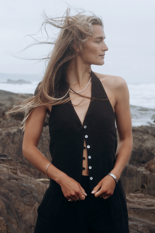 Halter Neck Black Linen Squid Top