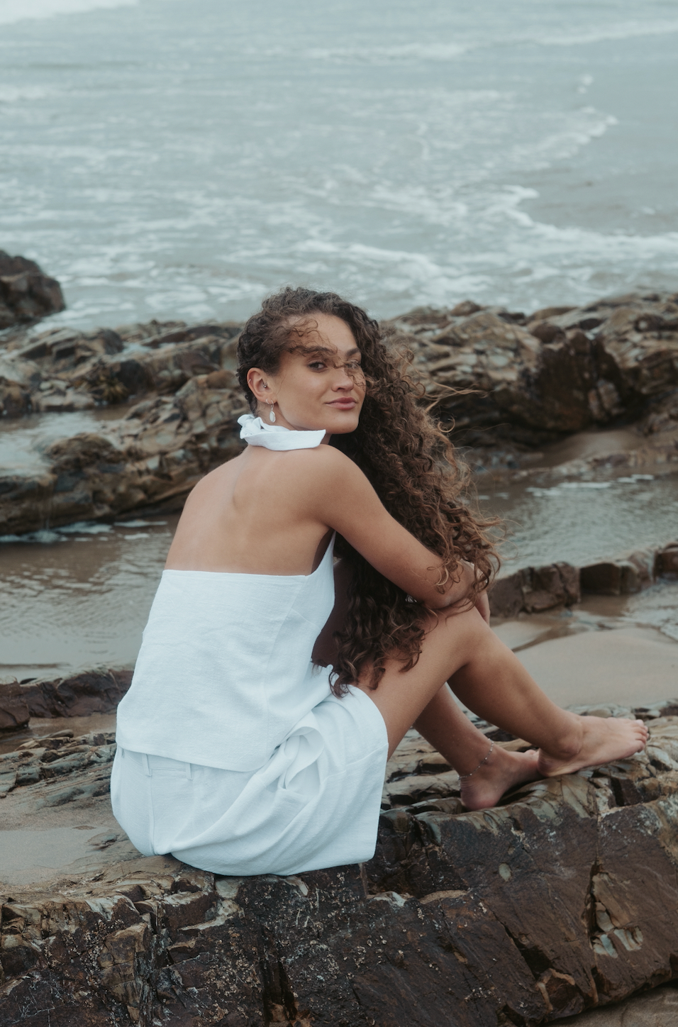 Halter Neck White Linen Squid Top