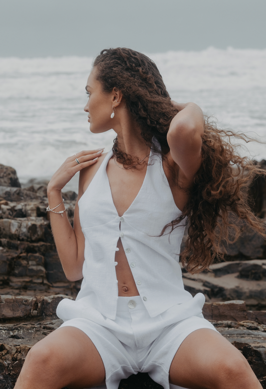 Halter Neck White Linen Squid Top