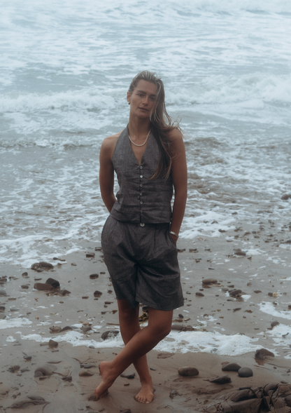 Halter Neck Gingham Linen Squid Top