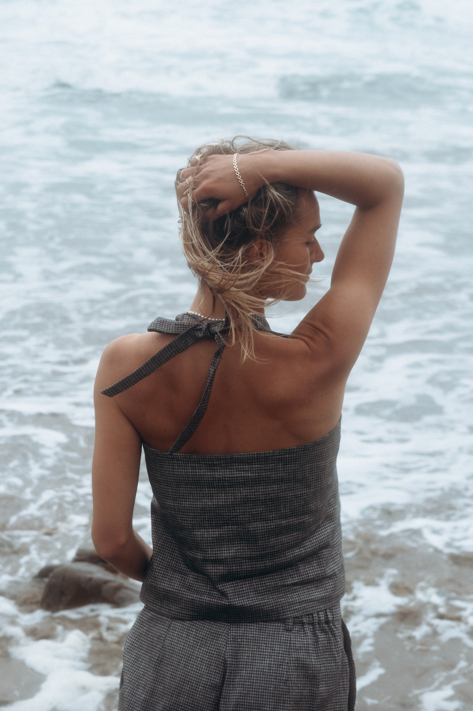 Halter Neck Gingham Linen Squid Top