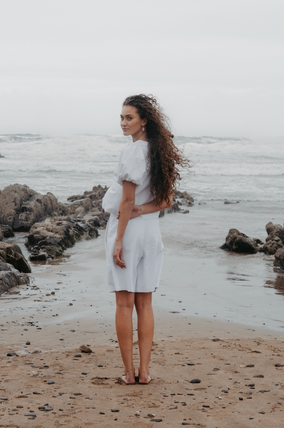 White Squid Linen Boyfriend Shorts
