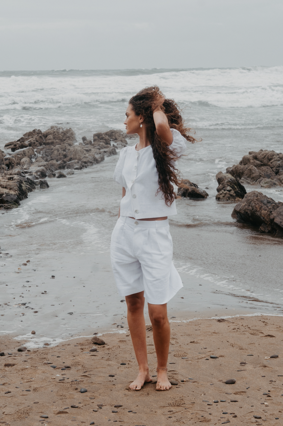 White Squid Linen Boyfriend Shorts